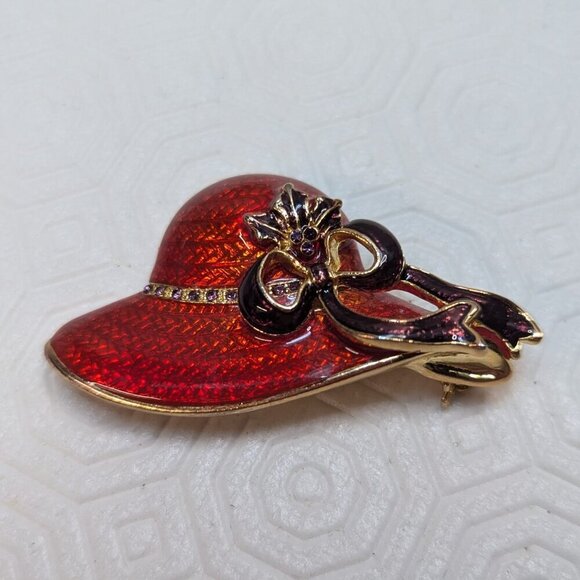 Vtg Red Hat Society Rhinestone Brooch Pin Pave Pendant Gold Tone Textured - Picture 3 of 5